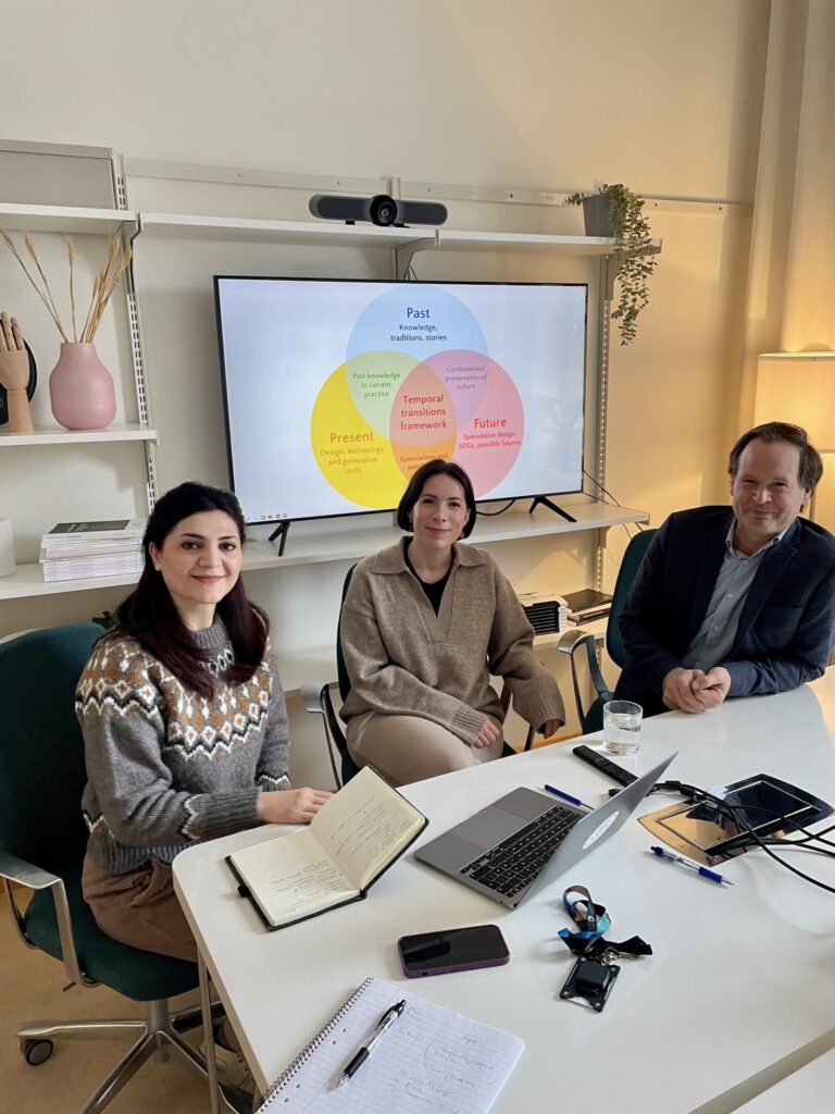 Amna Qureshi (University of Lapland) with Charlotte Jane McNulty and Mikael Wiberg (Umeå University) during a collaborative meeting at the Department of Informatics, Umeå University. Photo credits: Sabina Lindgren