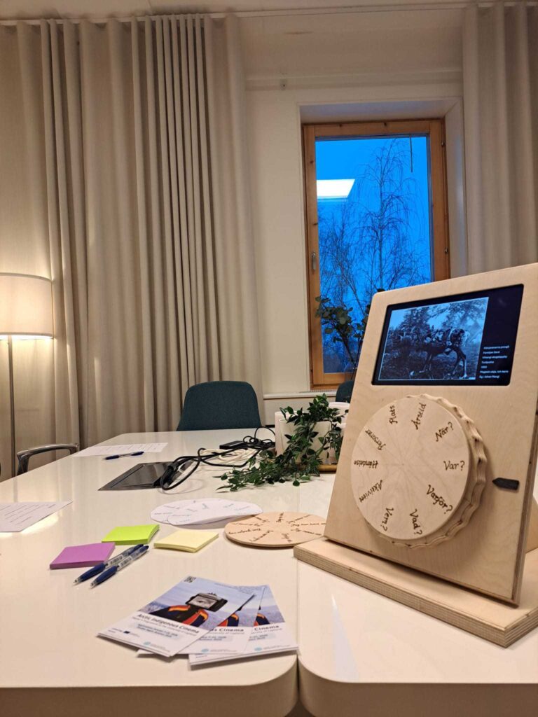 Storywheel prototype and workshop setup at Umeå University, 2026. Photo credits: Axel Niemimäki / Indigenous Digital Storytelling with New Media (Interreg Aurora).