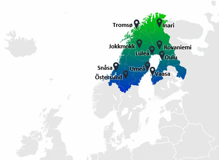 Locations of the Interreg Aurora team