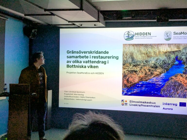 Photo: Claes Lönnblad-Björkholm talked about water restoration in general, the completed restorations of the SeaMoreEco project, and the ongoing HIDDEN project, both funded by Interreg Aurora. Photographer: Gun Dahlvik, Ostrobothnia Australis
