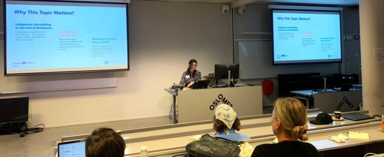 Photo: Dr. Amna Qureshi presenting the research paper Cultural Sovereignty and the Future of Indigenous Digital Storytelling at the Nordes Conference on Relational Design 2025 in Oslo. Photo credits: Mari Suoheimo
